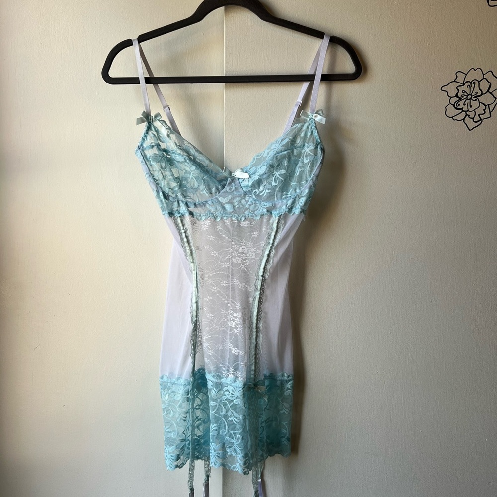 Elegant Lace Chemise in Light Blue Velvet Kitten Lingerie Medium Large